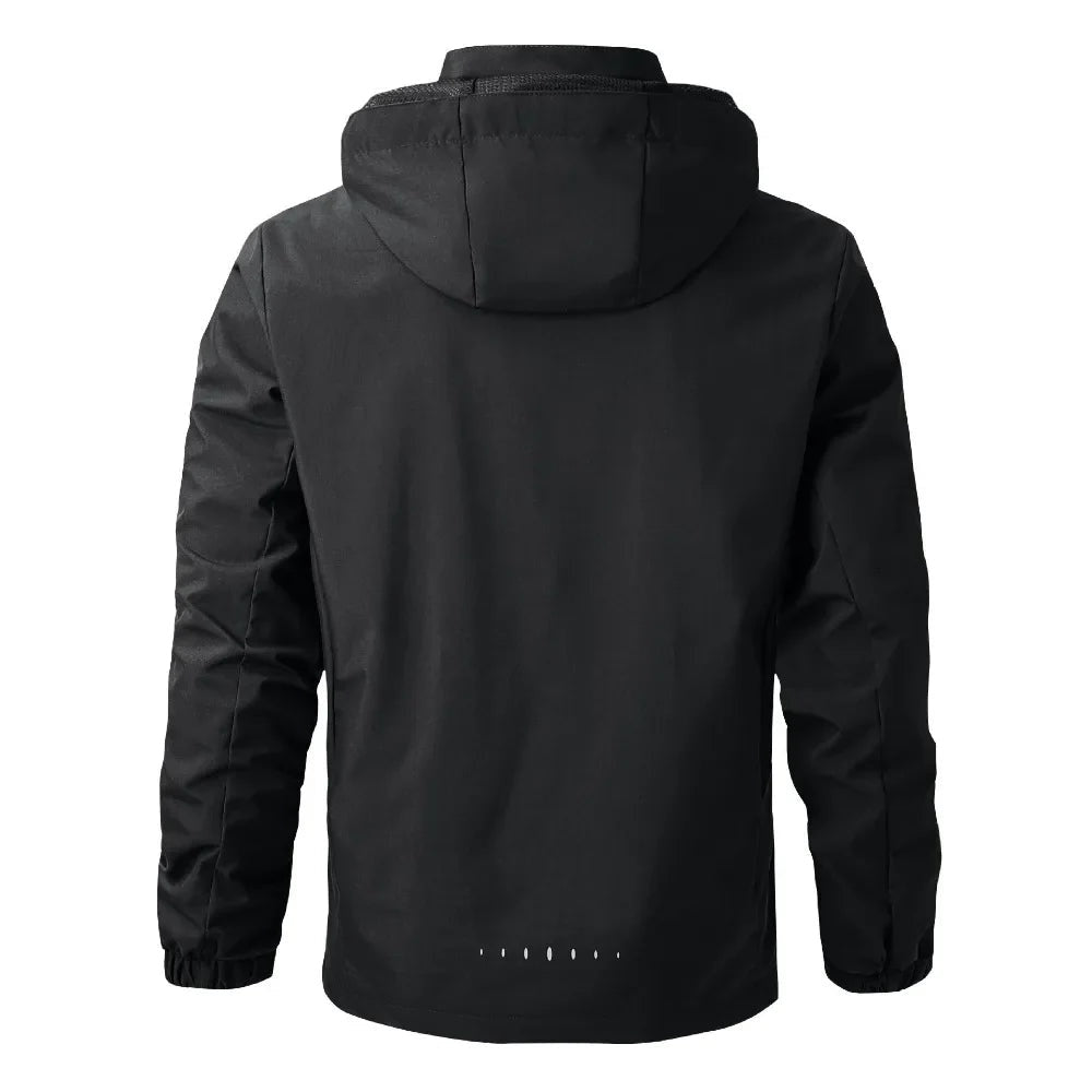 Black hooded jacket with zip pockets, back view, worn by person | Chaps London