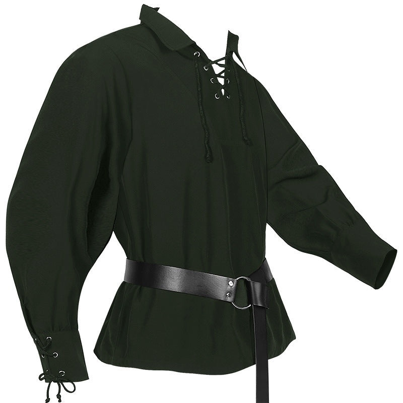 Dark green lace-up medieval shirt on mannequin with black belt | Chaps London