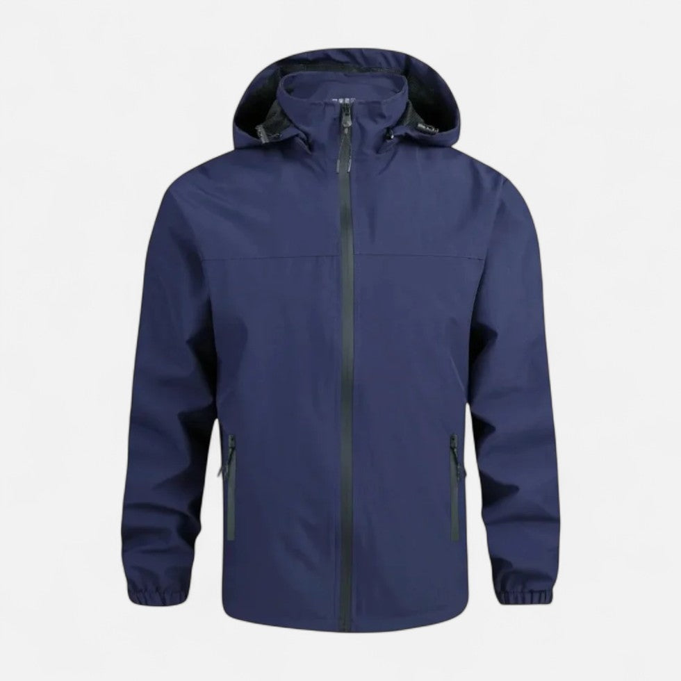Navy blue hooded windbreaker jacket with zip pockets, shown flat on background | Chaps London