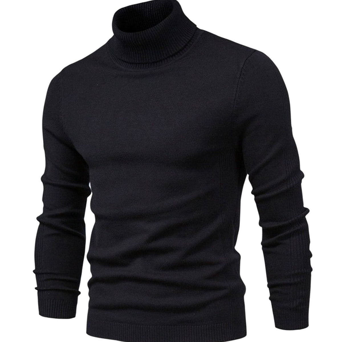 Black ribbed turtleneck sweater on male model, slim fit, long sleeves | Chaps London
