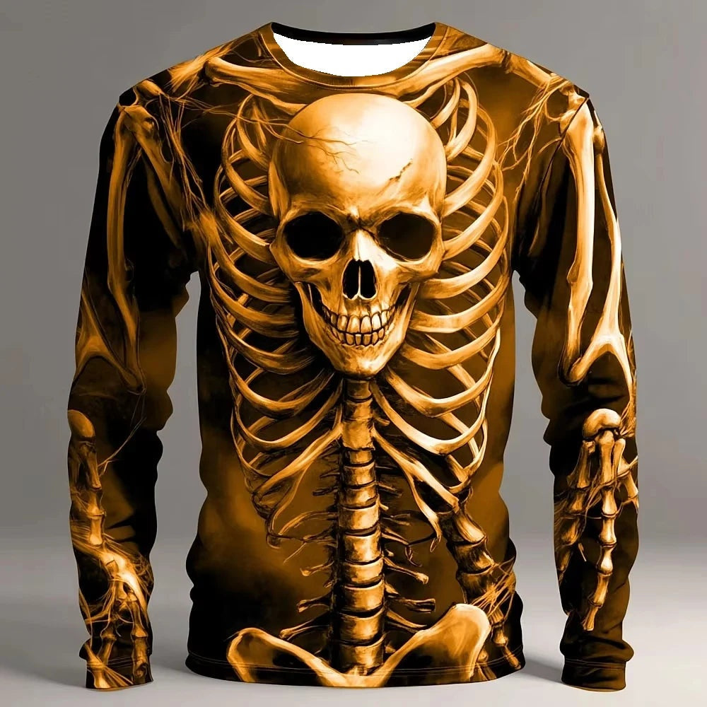 Long sleeve top with gold skull and ribcage print, displayed flat | Chaps London