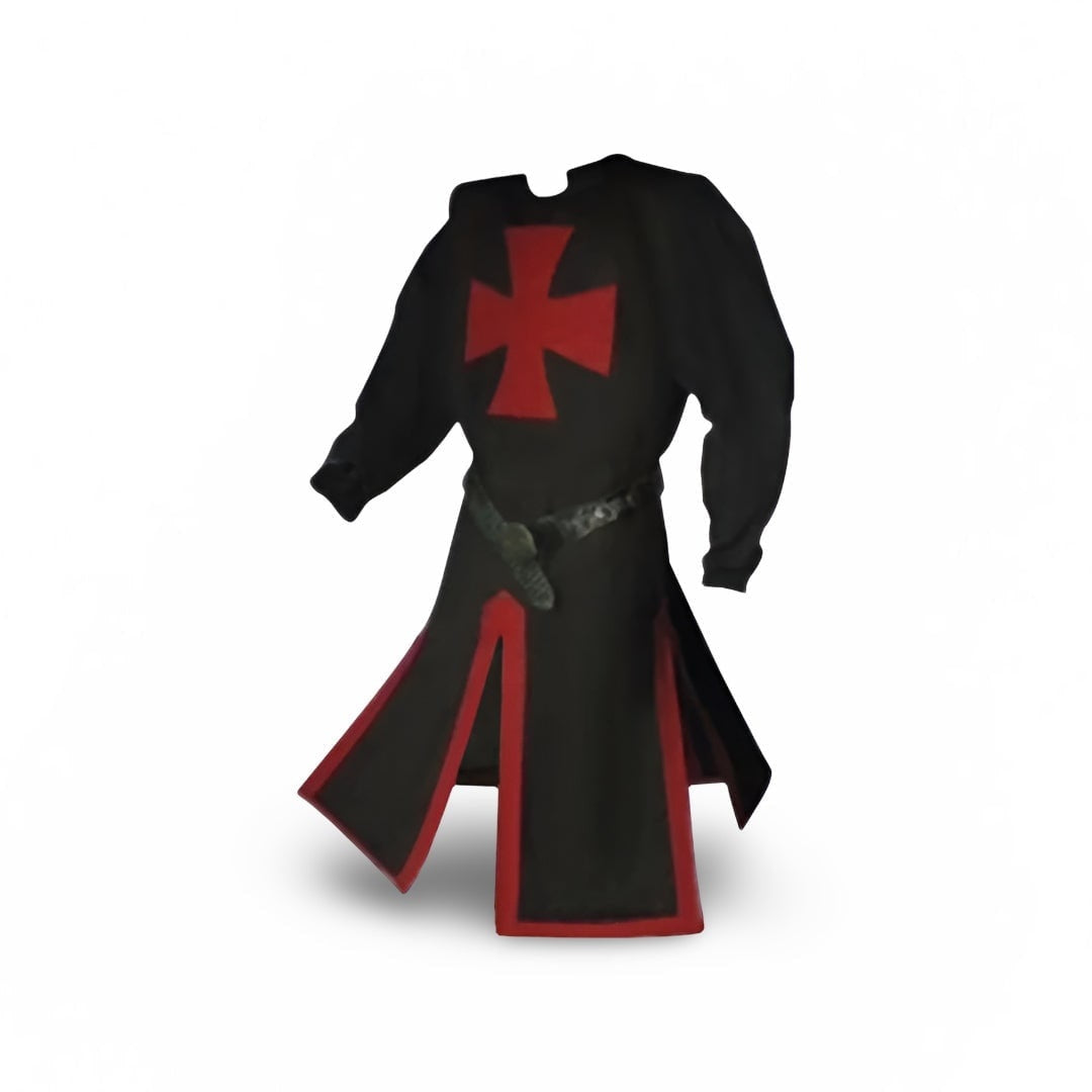 Black tunic with red cross and belt, shown on mannequin form | Chaps London