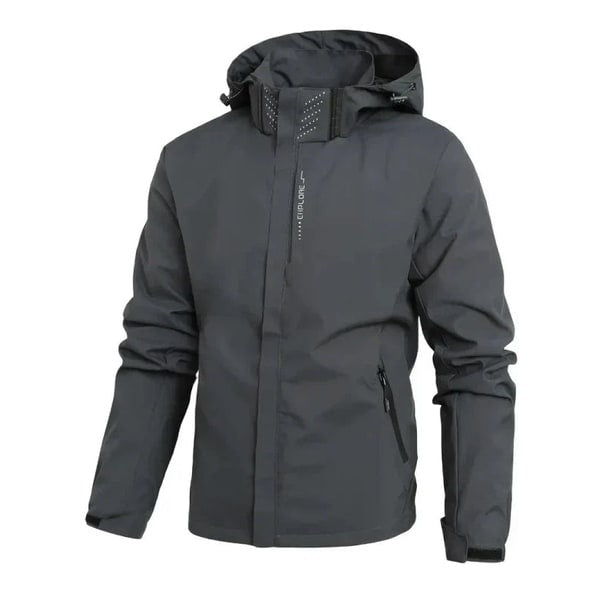 Gray waterproof hooded jacket with zip pockets, shown on mannequin torso | Chaps London