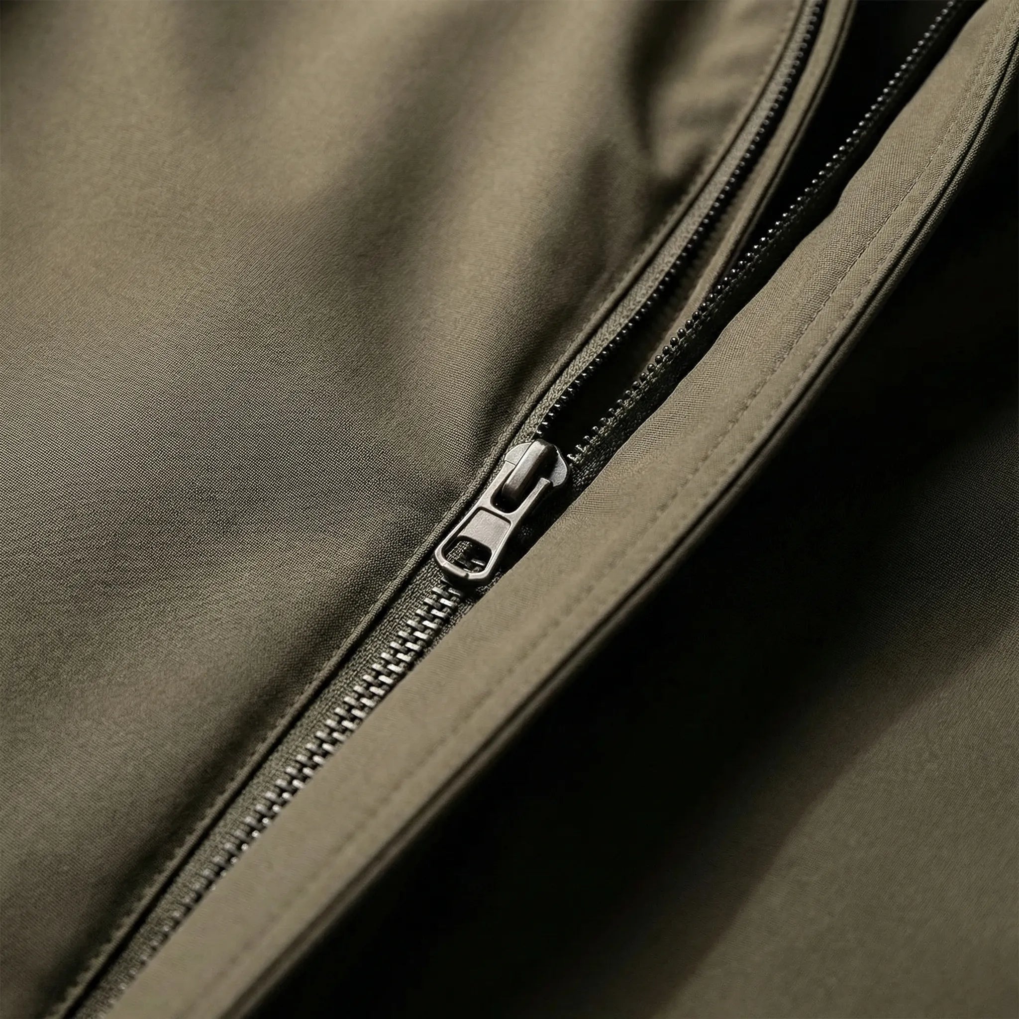 Close-up of olive green coat zipper and fabric texture detail | Chaps London