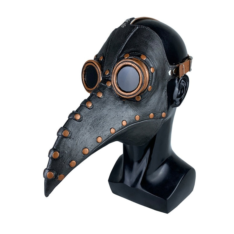 Black plague doctor mask with copper rivets, goggle eyes, displayed on mannequin head | Chaps London
