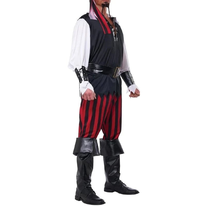 Pirate costume with striped trousers and black boots, worn by male model | Chaps London