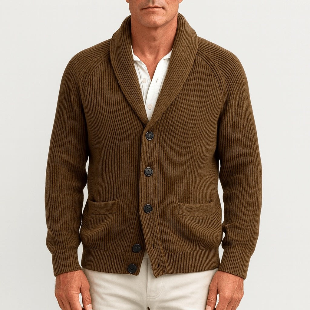 Man wearing brown ribbed knit shawl collar cardigan with buttons | Chaps London