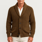 Man wearing brown ribbed knit shawl collar cardigan with buttons | Chaps London
