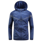 Navy blue hooded windbreaker jacket with reflective stripes, shown on mannequin | Chaps London