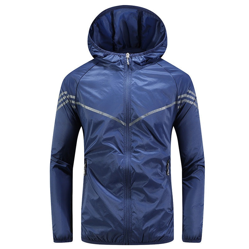 Navy blue hooded windbreaker jacket with reflective stripes, shown on mannequin | Chaps London
