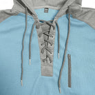 Light blue hoodie with gray lace-up neckline and zip pocket, close-up view | Chaps London