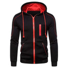 Black zip-up hoodie with red contrast trim and drawstrings, on mannequin | Chaps London