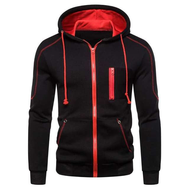 Black zip-up hoodie with red contrast trim and drawstrings, on mannequin | Chaps London