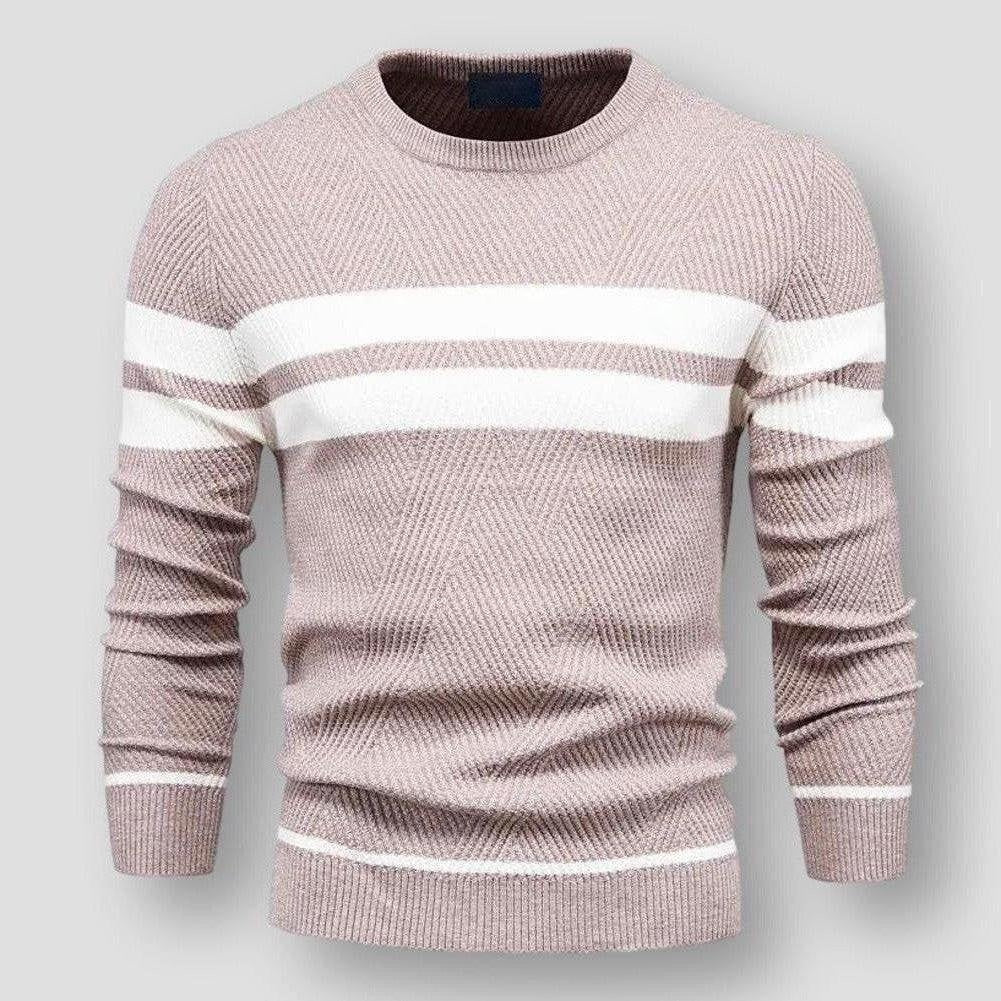 Beige knit sweater with white block stripes, worn by a man | Chaps London