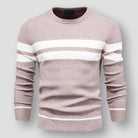 Beige knit sweater with white block stripes, worn by a man | Chaps London