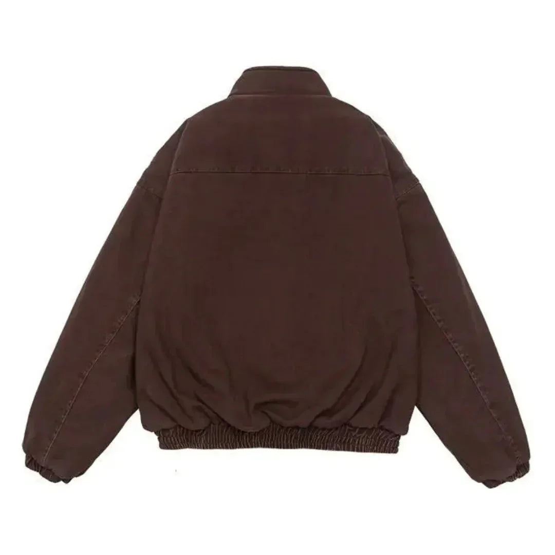 Brown jacket back view with stand collar and elastic hem, flat lay | Chaps London