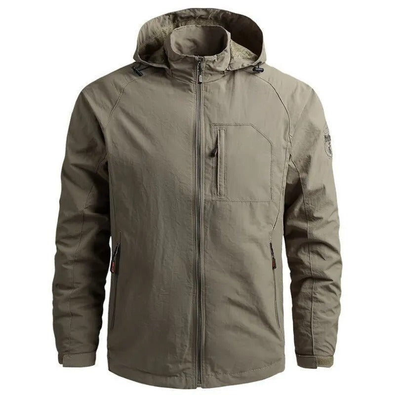 Olive green hooded jacket with zippers, shown flat on display | Chaps London