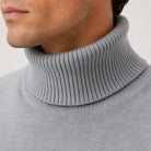 Gray ribbed turtleneck sweater worn by man, close-up fine knit detail | Chaps London