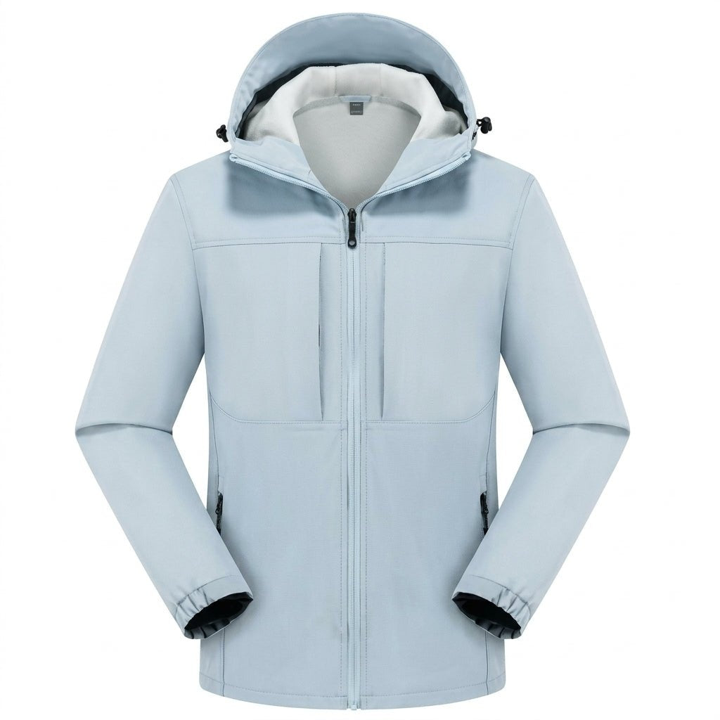 Light blue hooded softshell jacket with zip pockets, shown flat | Chaps London