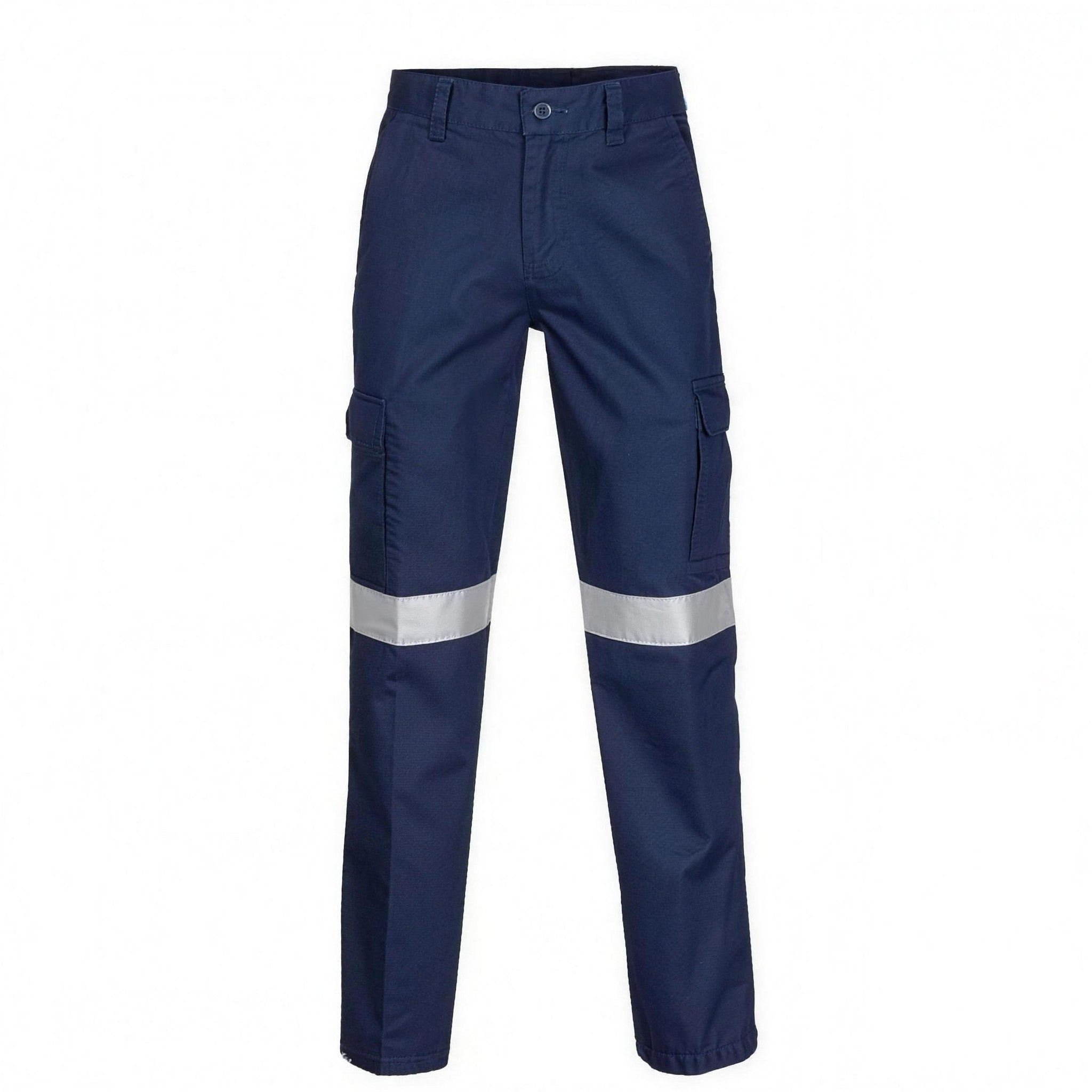 Navy cargo work trousers with reflective knee bands, flat lay product shot | Chaps London