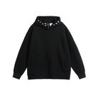 Black oversized hoodie with snap neck detail, shown flat, hood up | Chaps London