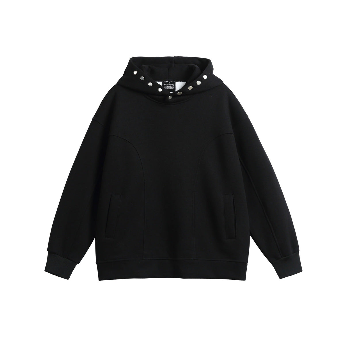 Black oversized hoodie with snap neck detail, shown flat, hood up | Chaps London