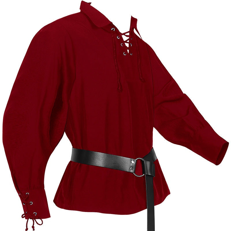 Dark red lace-up medieval shirt on mannequin with black belt | Chaps London