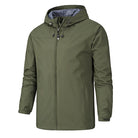 Olive green hooded zip-up jacket worn by a man, front view | Chaps London