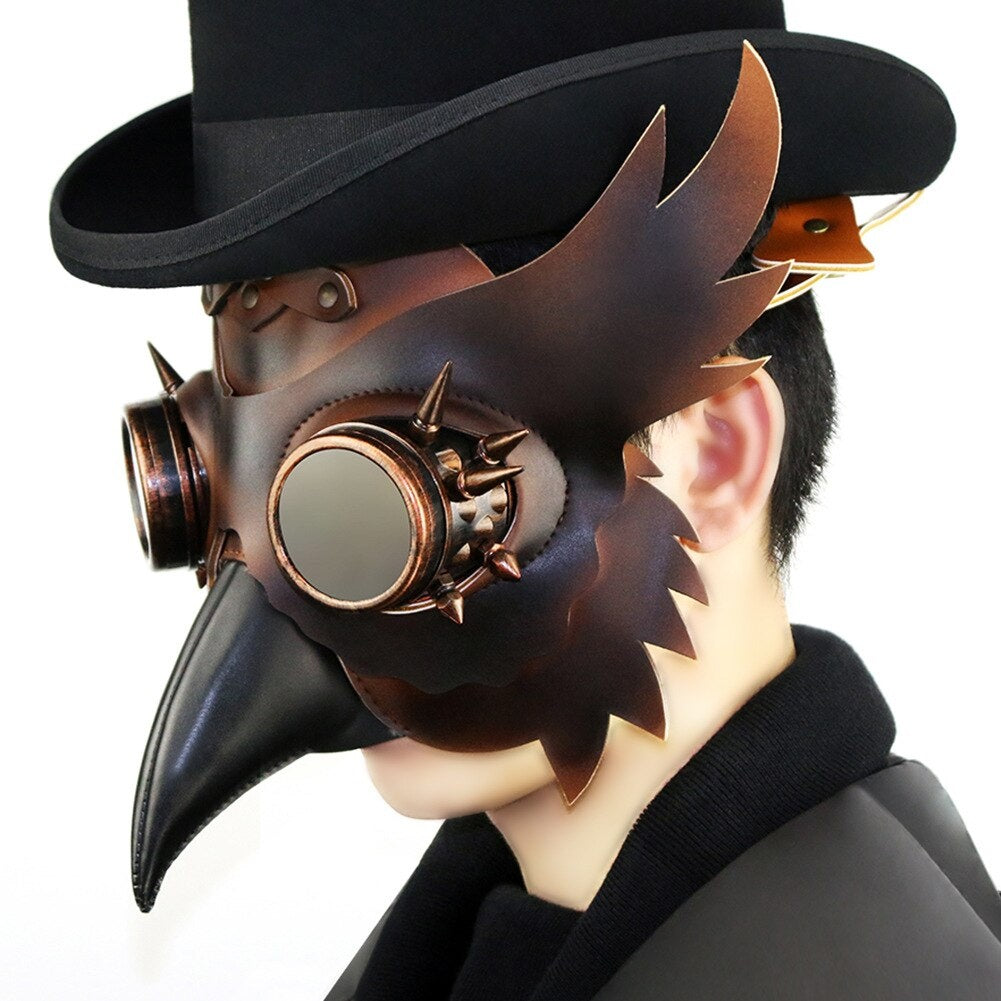 Brown steampunk owl plague doctor mask with goggle eyes, worn by person | Chaps London