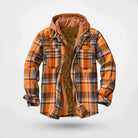 Orange plaid hooded shirt jacket with quilted lining, shown unzipped flat | Chaps London