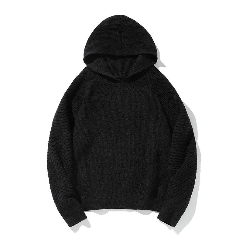 Black knit hoodie with ribbed sleeves, laid flat, hood visible | Chaps London