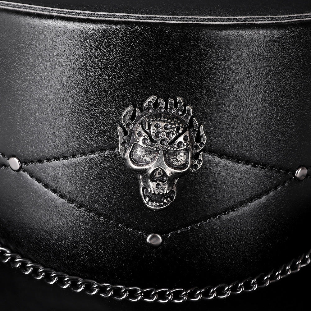 Black faux leather hat detail with skull emblem, studs, and chain | Chaps London