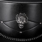 Black faux leather hat detail with skull emblem, studs, and chain | Chaps London