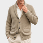 Beige ribbed shawl collar cardigan with buttons, worn by man with shirt | Chaps London