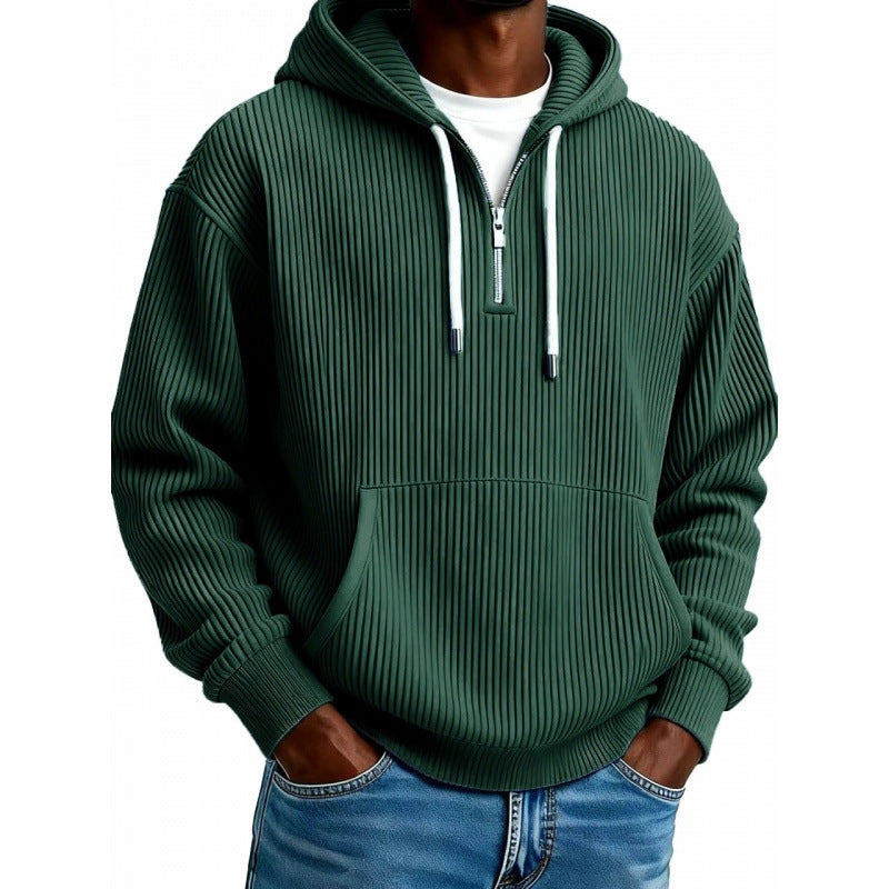 Man wearing green ribbed half-zip hoodie with drawstring hood and pocket | Chaps London