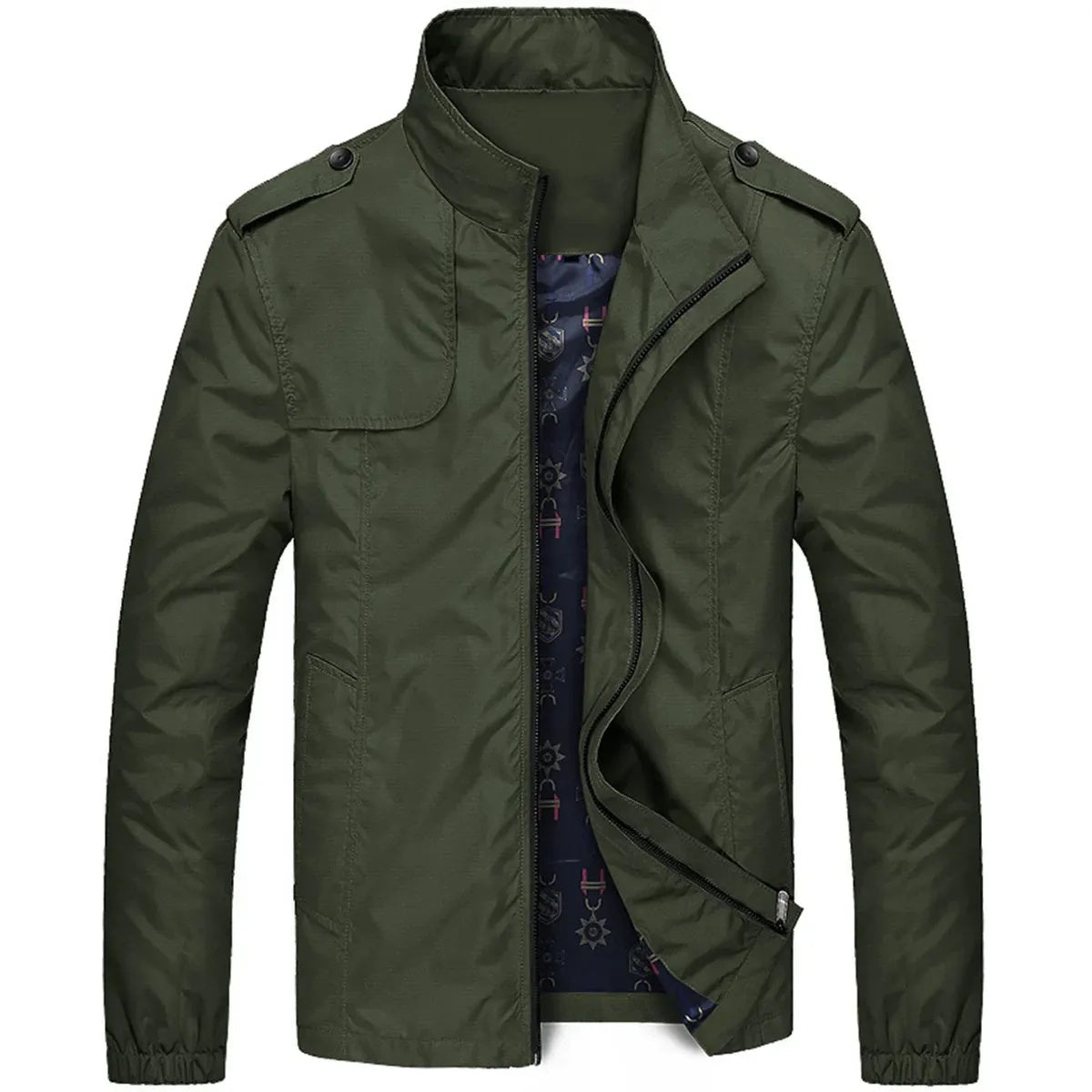 Green stand collar jacket with epaulettes, shown unzipped on mannequin form | Chaps London