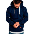 Navy blue hoodie worn by man, layered hem, drawstring hood, patch detail | Chaps London