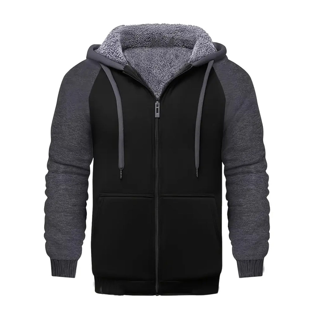 Black and gray zip hoodie with sherpa lined hood, flat lay | Chaps London