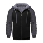 Black and gray zip hoodie with sherpa lined hood, flat lay | Chaps London