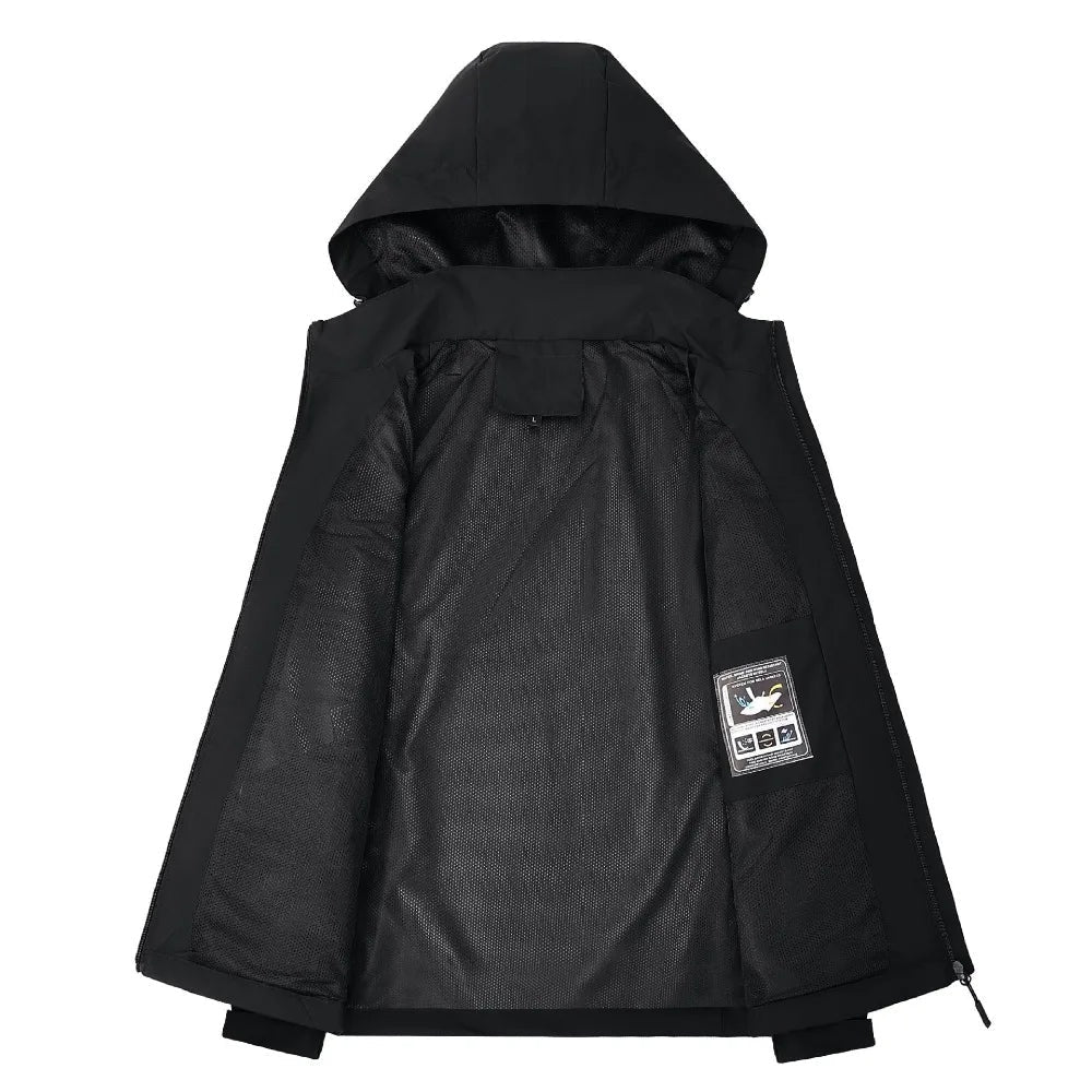 Black hooded jacket shown flat, interior lining visible, laid open | Chaps London