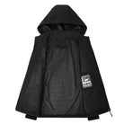 Black hooded jacket shown flat, interior lining visible, laid open | Chaps London