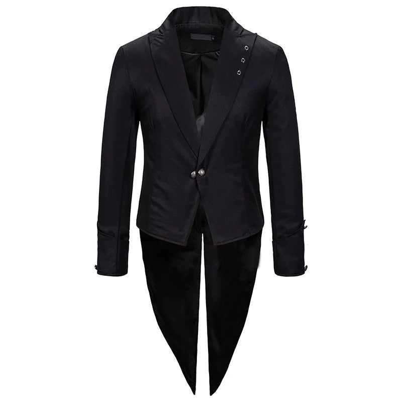 Black gothic tailcoat jacket with peaked lapel, shown flat, swallowtail back | Chaps London