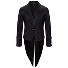 Black gothic tailcoat jacket with peaked lapel, shown flat, swallowtail back | Chaps London