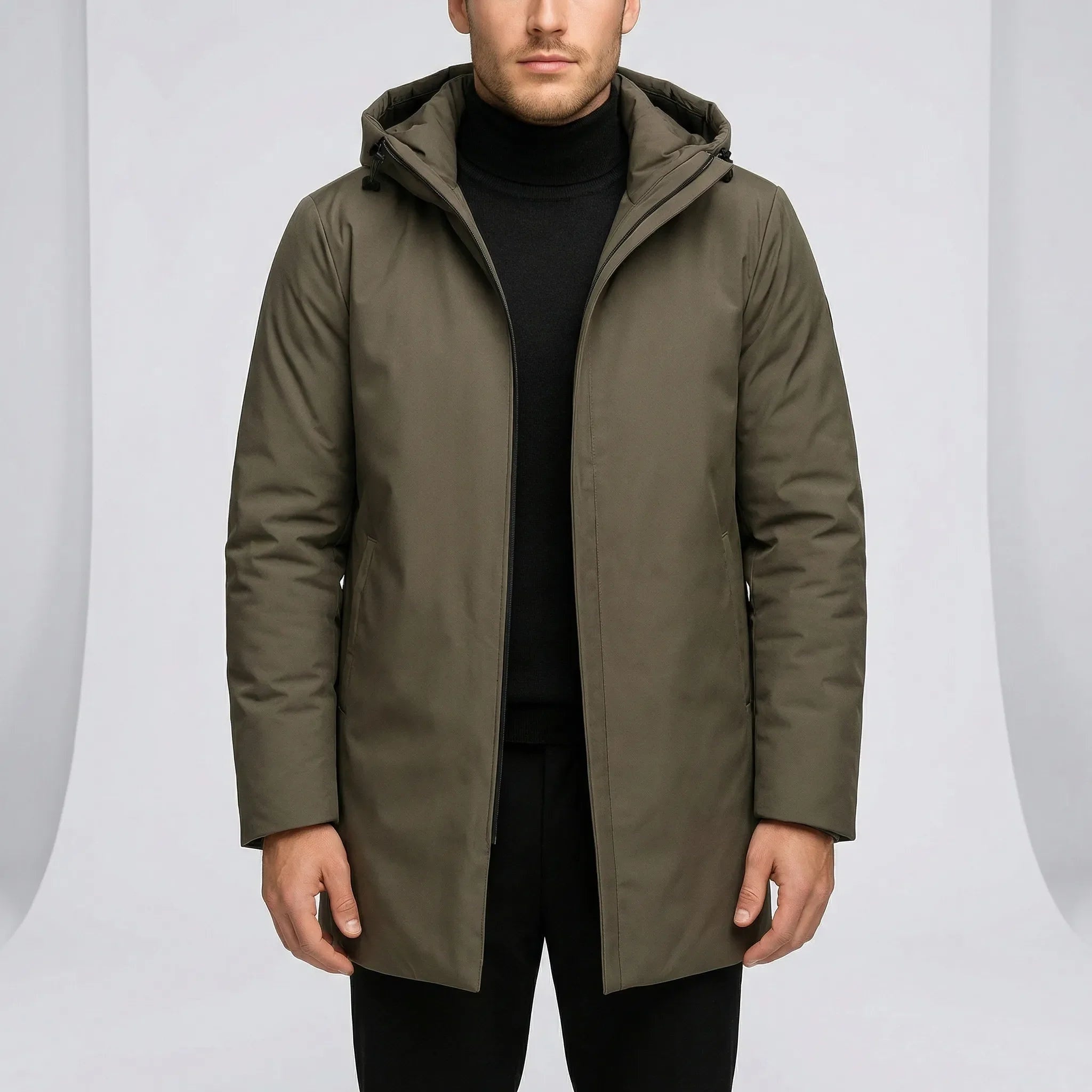 Man wearing olive green hooded coat with concealed zip, worn open | Chaps London