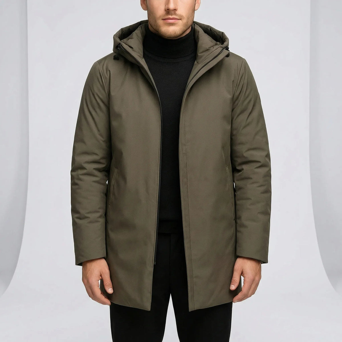 Man wearing olive green hooded coat with concealed zip, worn open | Chaps London