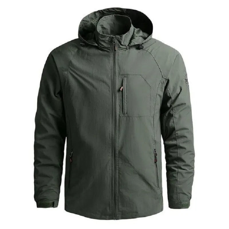 Olive green hooded jacket with zipper, shown flat on plain background | Chaps London