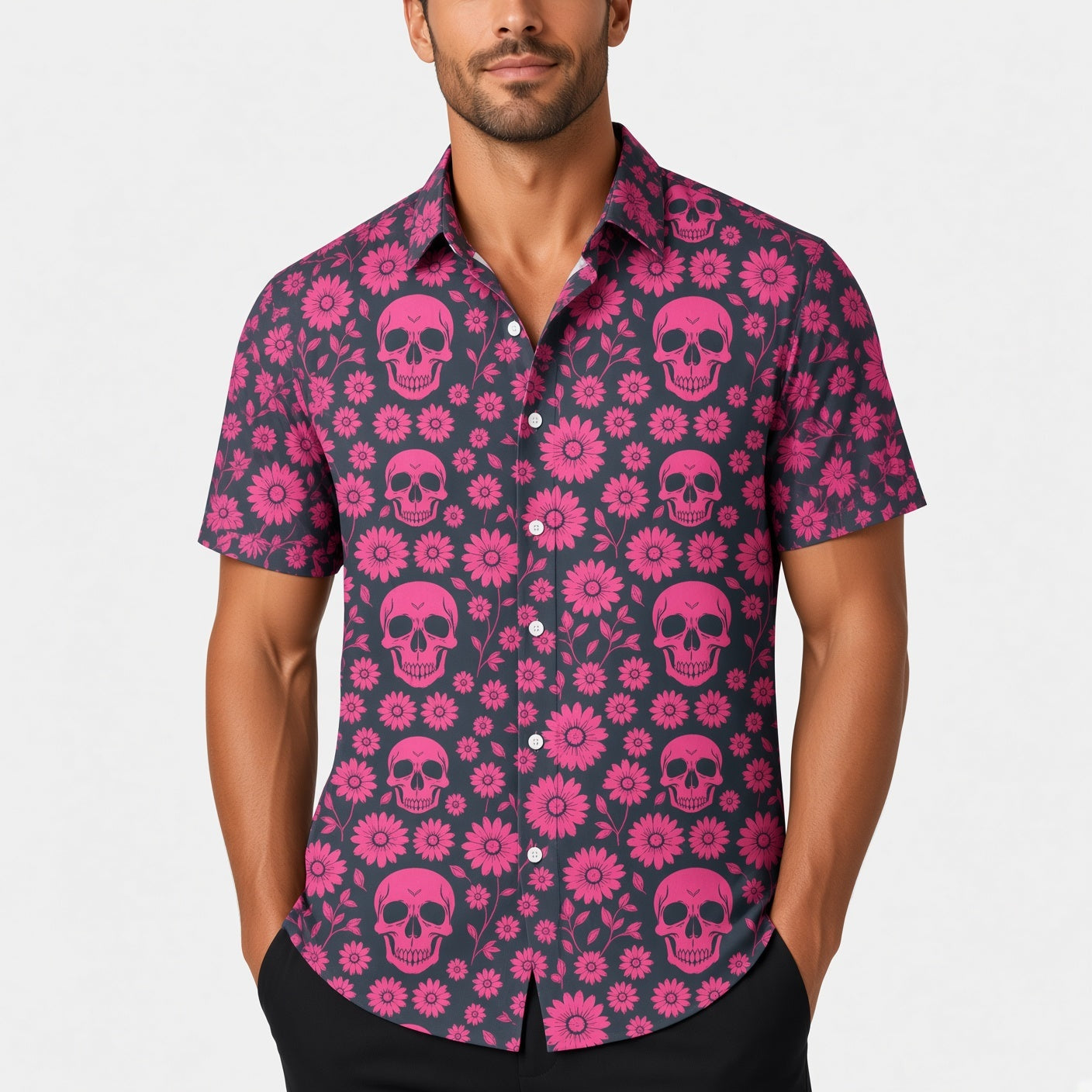 Man wearing pink skull and floral print short sleeve button-up shirt | Chaps London