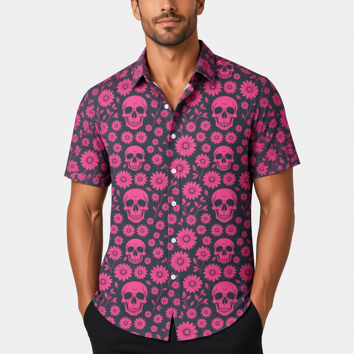 Man wearing pink skull and floral print short sleeve button-up shirt | Chaps London