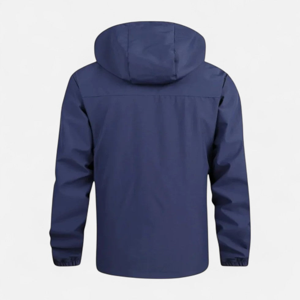 Navy blue hooded windbreaker jacket shown from behind on mannequin | Chaps London