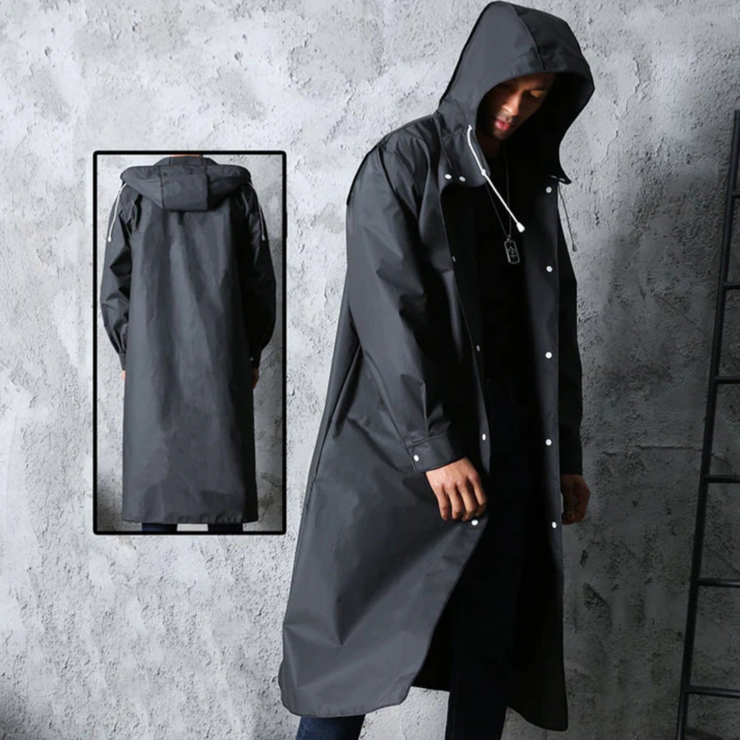 Man wearing long dark grey hooded raincoat, with flat lay inset | Chaps London